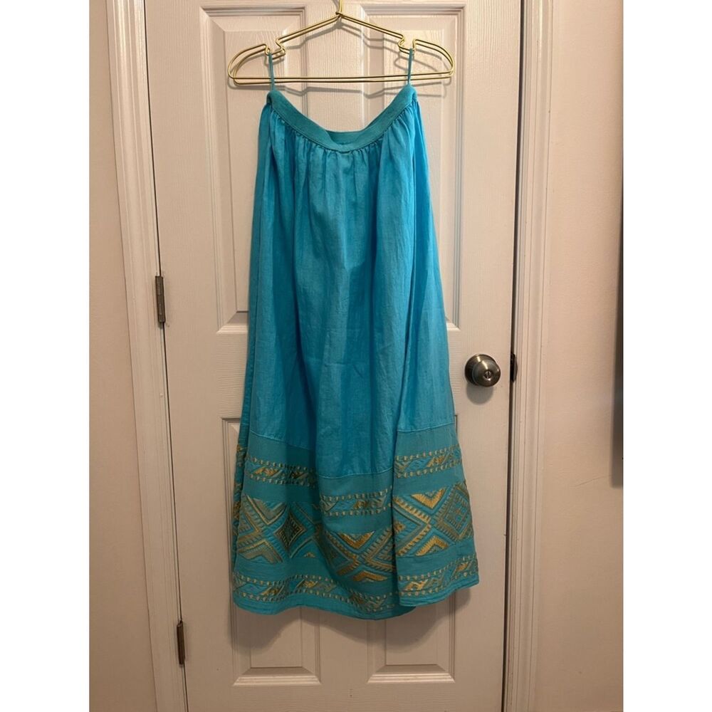 ✨ Haris Cotton Linen Skirt L Turquoise Gold Embroidered Greece Boho - Picture 8 of 9